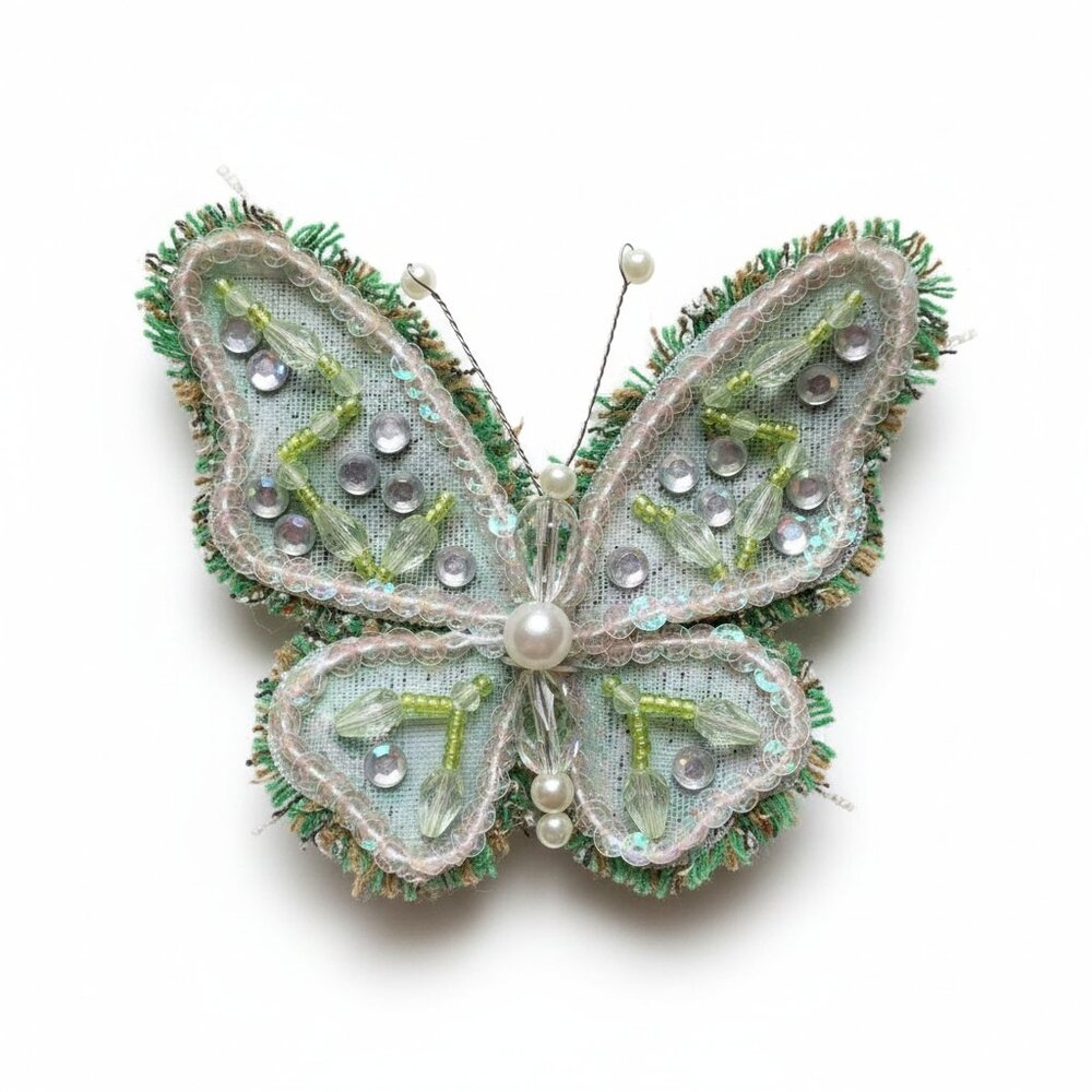 VINTAGE - Green fabric butterfly brooch - pin - with beads and rhinestones